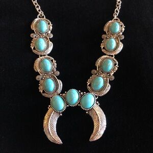 Faux Turquoise and Silver Tone Native Style Statement Necklace
